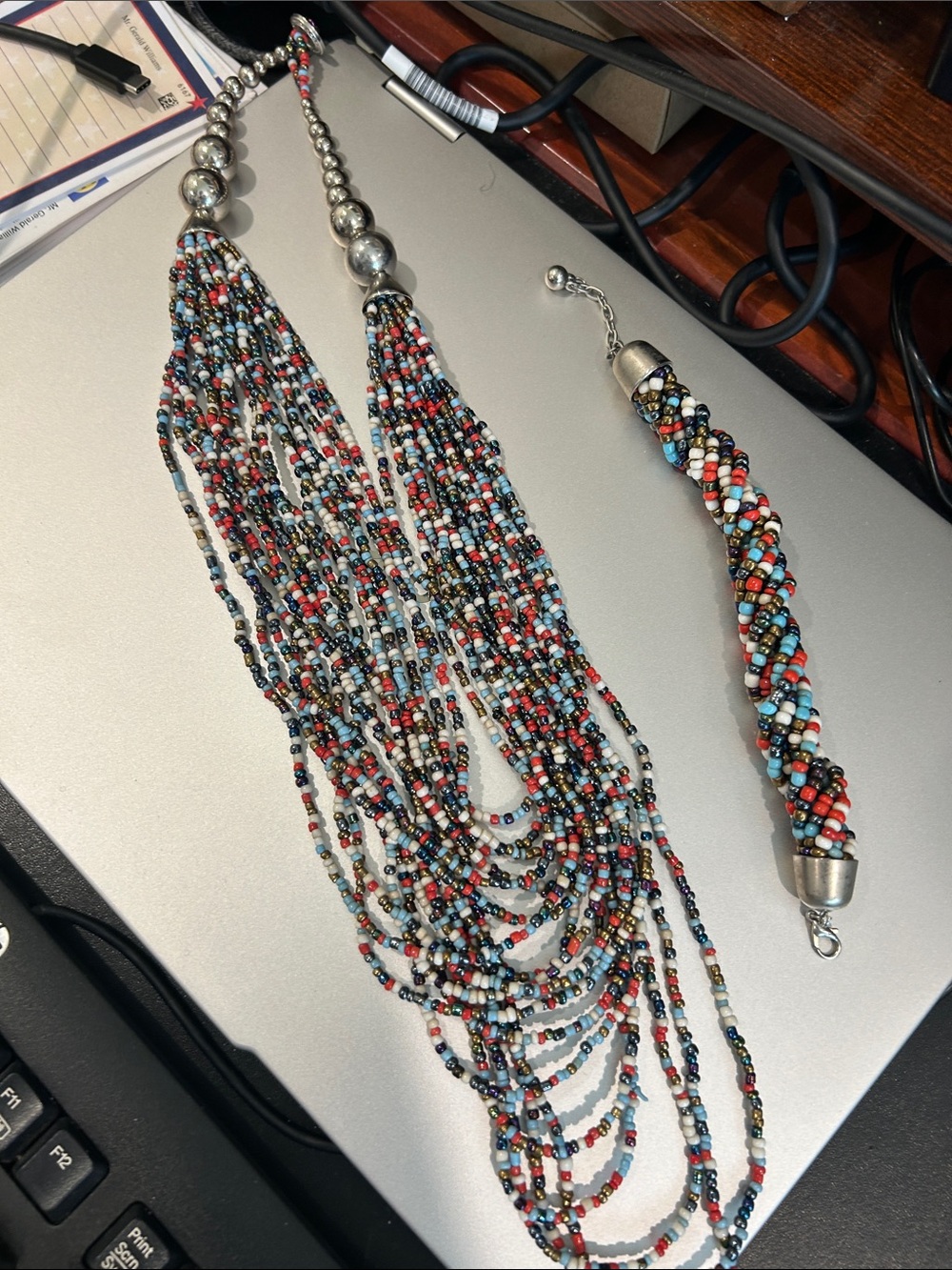 Multicolor Seed Bead Statement Necklace and Bracelet Set. Necklace 13 inches